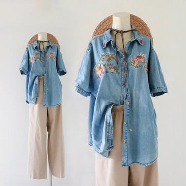 worrrn denim harvest shirt - l - (see details) vintage 90s y2k embroidered garden gardener button size large womens short sleeve top blouse 