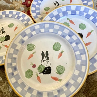 Set of 8 bunny plates ~ lovely black white Rabbit , Check Blue rims~ stoneware pottery barn- Dessert Plate Set 