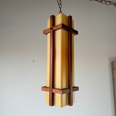 70's Mid-century Teak Wood  Pendant  Lamp W/ Shade 