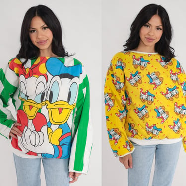 Vintage Reversible Disney Sweatshirt Donald Duck Daisy Sweatshirt 80s 90s Shirt Cartoon Graphic All Over Print Puffer Retro AOP Medium 
