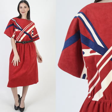 Red Micro Suede Dress, 60s Striped Leather, Colorblock Mod Midi, Op Art Design With Pockets 