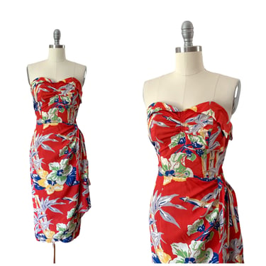 40s Red Cold Rayon Hawaiian Sarong Dress / 1940s Vintage Surfriders VLV Hawaiian Dress / Small / Size 4 