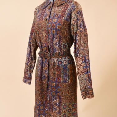 Brown Batik Patchwork Print Dress w/Coin Buttons By Peck & Peck