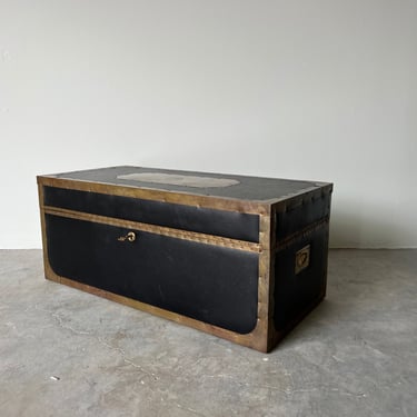 Vintage Wood Trunk With  Leather and Brass Bound 