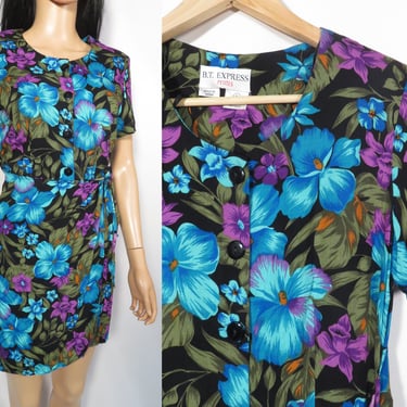 Vintage 90s Bright Hawaiian Print Romper With Built In Wrap Skirt Size S/M 