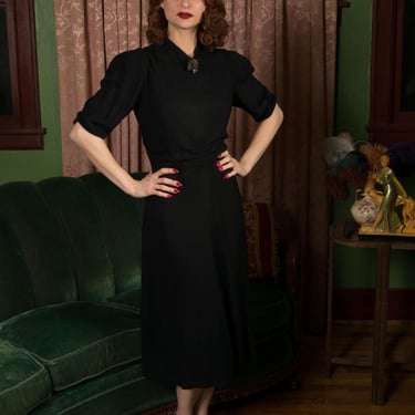 1930s Dress - Chic Rayon Crepe Late 30s - Early 40s Little Black Dress with Puffed Sleeves and Shirred Waist 