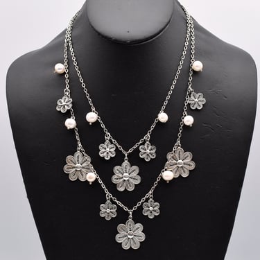 90's Ilaria Peru sterling cannetille flowers & pearls festoon, boho 925 silver filigree 2 strand necklace 