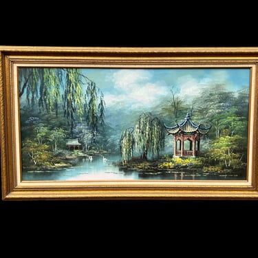 Incredible vintage painting with lake and  pagoda 