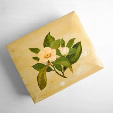 Vintage Wood Jewelry Box with Hand Painted White Flower and Removable Divider 