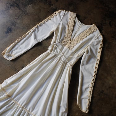 Gunne Sax DRESS / Poplin Cotton and Crochet Lace Maxi / Cream Vintage Prairie Dress Women's Small 