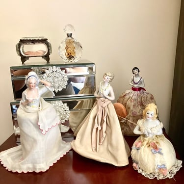 Beautiful Set of 4 1900- 1920s Victorian Antique Half Doll Collection~ sale ~ German Porcelain~ Pin Cushion, Dressing Table Decor~ 