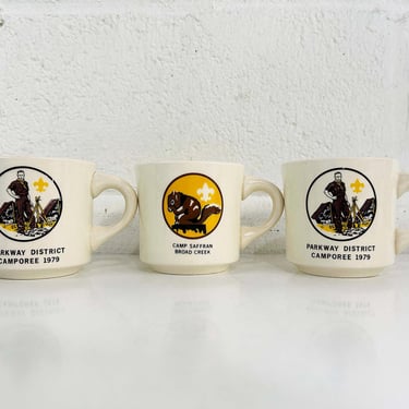 Vintage Boy Scouts Mugs Set of 3 Ceramic Tea Coffee Mug Retro Camp Saffran Broad Creek Parkway District Camporee Kitchen 1970s 70s 1979 