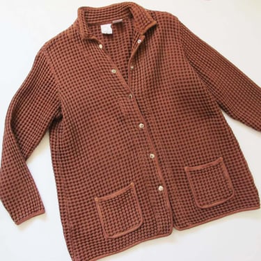 90s Waffle Knit Jacket M - Vintage 1990s Chocolate Brown Earthtone Button Up Boxy Jacket - Minimalist Clothing - Textured Cotton Jacket 