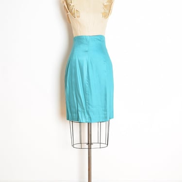 vintage 80s skirt turquoise blue satin high waisted slim pencil skirt M clothing 