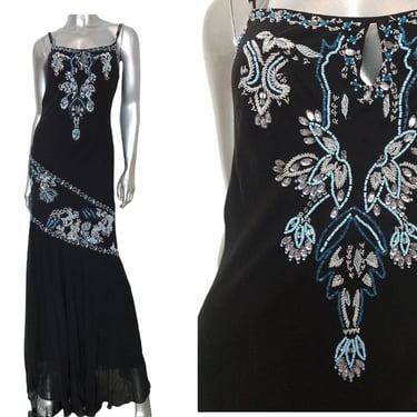Vintage Sue Wong Black Silk Beaded Formal Dress Spaghetti Strap Evening Gown Turquoise White Beading Size 6 