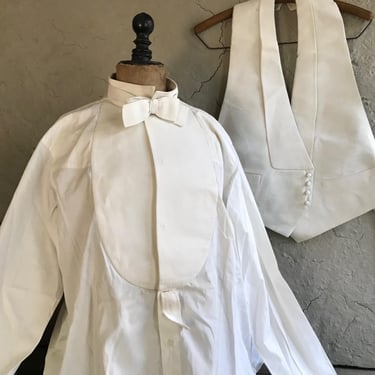 Mens Gents Dress Shirt, Paris, France, Waistcoat, Bow Tie, White Cotton, Original Label, Period Clothing 