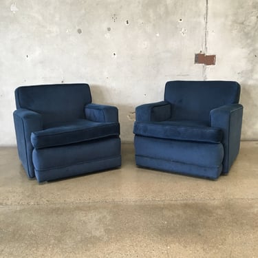 Pair of 1960's Blue Velour Club Chairs on Wheels