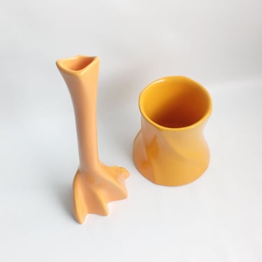 TWO tangerine yellow ceramic vases Coordinated orange planters 