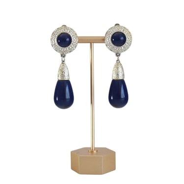 Vintage Navy Blue & Gold Teardrop Dangle Earrings - Vintage Navy Blue Earrings - 1990s Blue Earrings - Navy Blue Dangle Earrings 