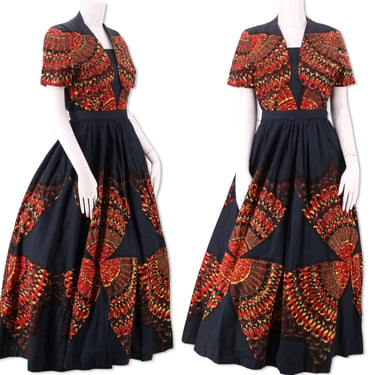 50s PAT PREMO butterfly print cotton day dress outfit 31"  / vintage 1950s navy 2 pc set top halter dress full skirt party mid century L 