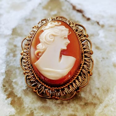 Victorian Cameo Pendant/Brooch~Antique Italian Cameo Hand Carved Shell~Woman with Upswept Hair~Shell cameo Gilt Brass~JewelsandMetals 
