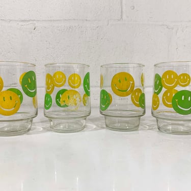 Vintage Smiley Face Glasses Set of 2 Juice Glass 1970s Cup Classic Happy Smile Novelty Yellow Green Kawaii Kitsch Retro 70s 