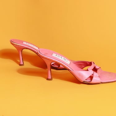 2000s Y2K Barbie Pink Buckle Strappy Heels Vintage Embossed Textured Sandals 