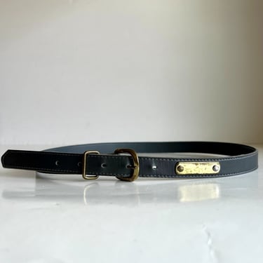 Vintage Brass Buckle Studded Embellished Grey Vegan Leather Skinny Belt S 