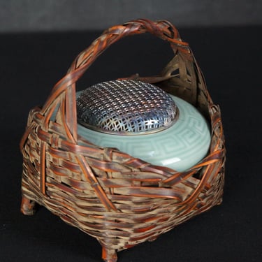 Vintage Koro Celadon Ceramic Censer with Woven Bamboo Basket & Metal Lid – Japanese Style Incense Burner 