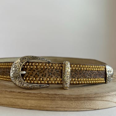 Vintage 90s Animal Print Gold Studded Tipped Embellished Belt Size Large 