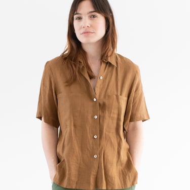 Vintage Caramel Brown Short Sleeve Linen Pocket Shirt | Unisex Shell Button Simple Work Blouse Made in USA | S | 