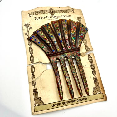 1920s Celluloid Marbled and Rhinestone Hair Comb Egyptian Revival Original Card As Found Antique 