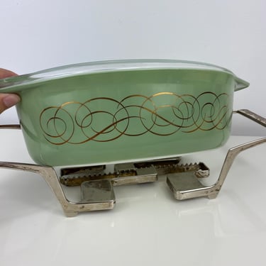 Vintage Pyrex Green Sage Scroll Casserole Dish w/Lid & Cradle 045, 1962 Promotional Pyrex, Large Oval Casserole Dish w/Gold Swirls 