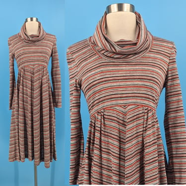 Vintage Seventies Neiman Marcus Striped Cowl Neck Empire Waist Dress XS - 70s Long Sleeve Striped Orange and Black Stripe Dress 