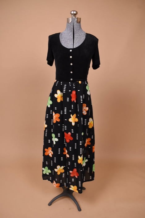 Black Floral Dress with Flower Buttons, S/M