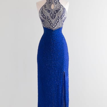 Show Stopper! 1980's Blue Silk Beaded Bombshell Gown / Small