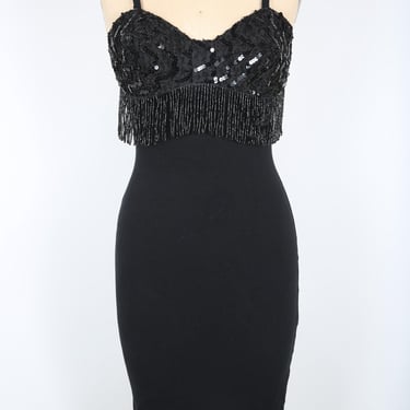 Vintage Black Dress Sequin with Beaded Fringe Party Dress Formal Evening Dress 