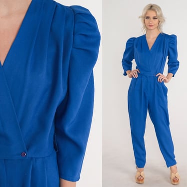 Royal Blue Jumpsuit 80s Tapered Pantsuit Puff Sleeve Wrap Romper Pants Retro V Neck Eighties Chic Vintage 1980s JDB of California Small S 