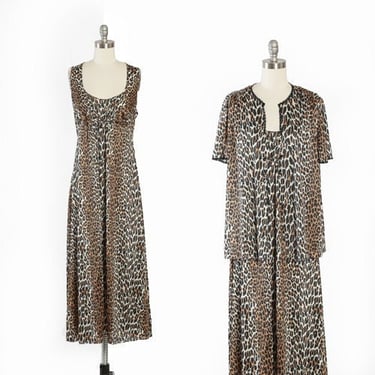 Vintage 60s leopard print 2pc Peignoir lingerie slip dress set 