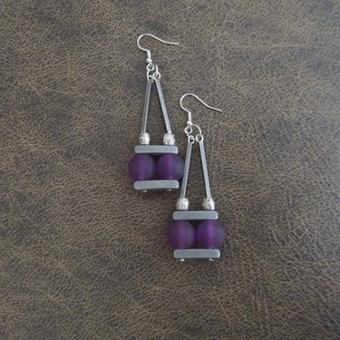Mid century modern purple frosted glass and pewter earrings 