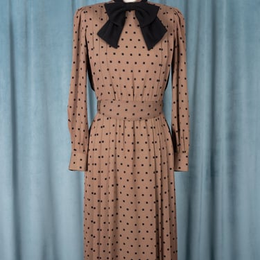 Vintage 1960s Union Made Mocha Brown Dress with Black Square Polka Dots, Oversized Bow Collar, and Square Buttons 
