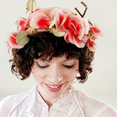 1950s Pink Velour Cocktail Hat With Floral Wreath Trim by Mr Arnold 