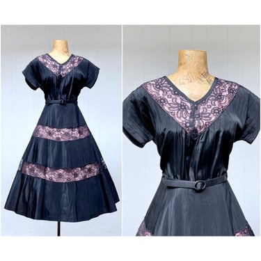 Vintage 1950s Party Dress, 50s Black/Pink Rayon and Lace Patio Dress w/Full Tiered Skirt Skirt, Gloria Swanson Label, Size Medium 36