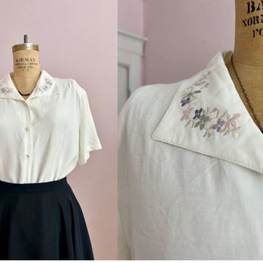 1980's White Floral Embroidered Button Up Blouse 