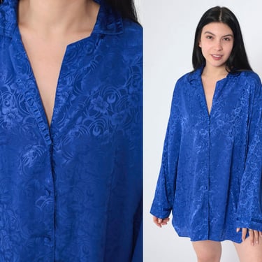 Blue Floral Shirt 90s Embossed Satin Long Sleeve Blouse Royal Blue Silky Shirt Button Up 1990s Vintage Statement Top Plus Size 2x xxl 