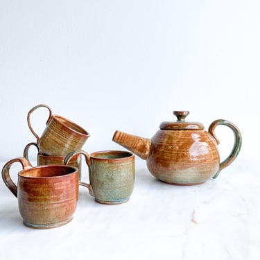 Handmade Pottery Tea Set Teapot with Four Cups Brown and Turquoise Stoneware Round Teapot with Lid Studio Ceramics Hand Thrown Artist Signed 
