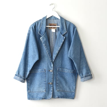 vintage denim chore jacket, 80s blue jean coat, size m 