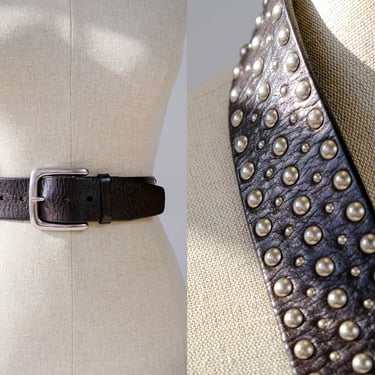 Vintage Ralph Lauren Dark Brown Leather Silver Studded Adjustable Belt | UNISEX | 100% Genuine Leather | 90s Y2K RL Designer Rocker Belt 