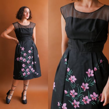 Vintage 50s Hand Painted Cocktail Dress/ 1950s Black Floral Sleeveless Dress/ Size Small 26 