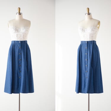 long jean skirt | 80s 90s vintage dark academia style button down fit and flare denim midi skirt 